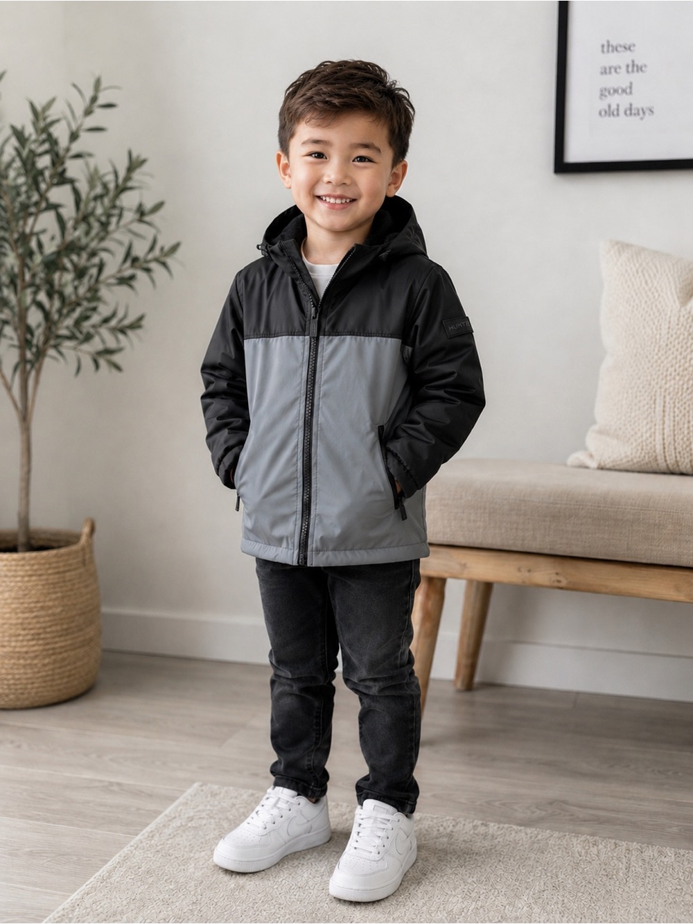 Hunter Kids' Hooded Two-Tone Raincoat in Black & Gray